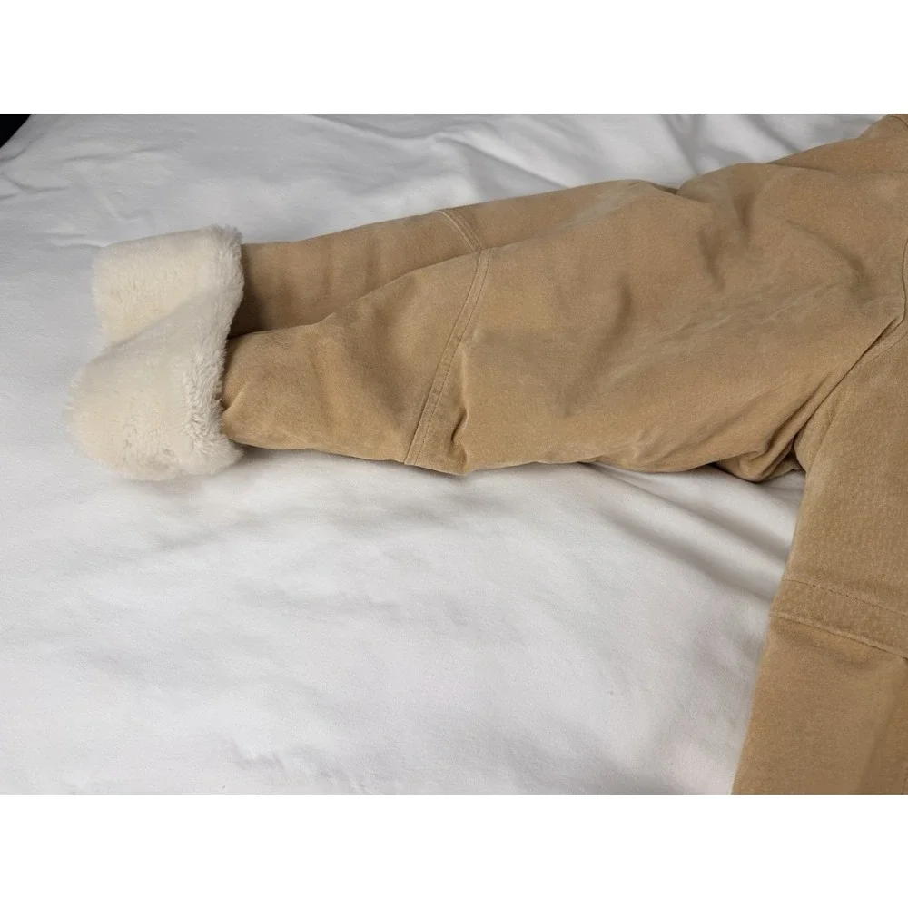 Vintage Marvin Richards Shearling Suede Leather Hooded Coat Womens L Tan